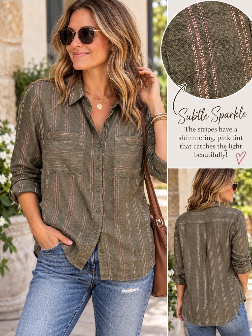 Boden Olive Button-Down Linen Shirt with Pink Shimmer Stripes